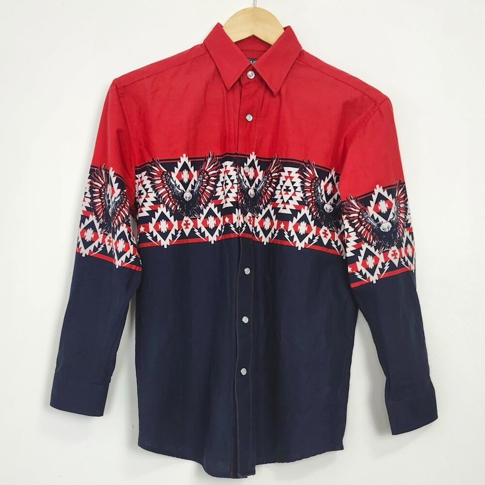 Panhandle Youth L/14 Western Eagle Print Shirt Pearl Snaps Red White Blue Navajo